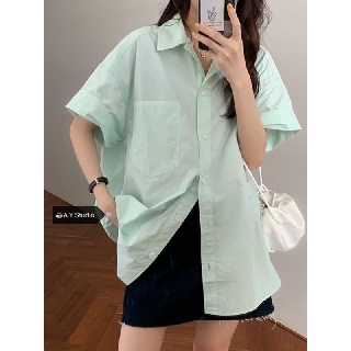 [Sẵn] Áo sơ mi tay ngắn oversize xanh bạc hà