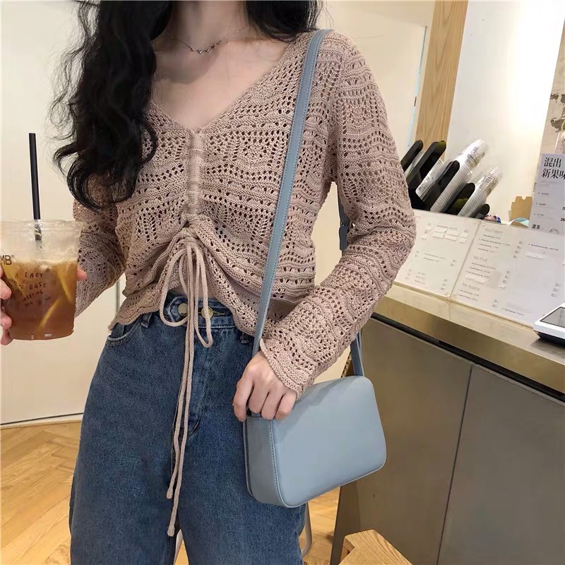 Áo crotop dệt kim dây rút Forgirl tay dài phong cách Hàn Quốc