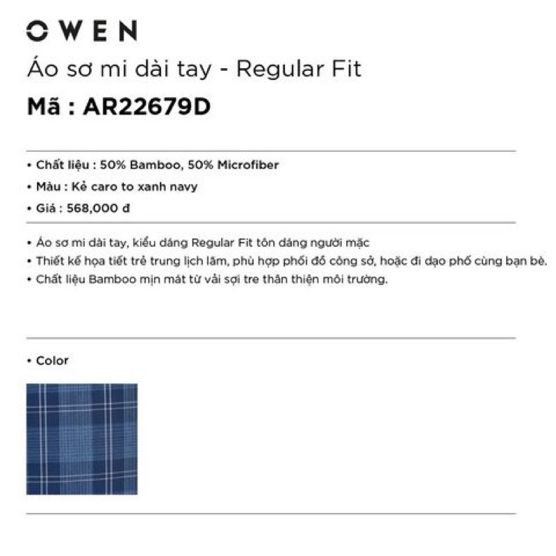 Áo Sơ Mi Nam Tay Dài Owen AR22679D Màu Xanh Kẻ Caro To Kiểu Dáng Regular Fit Chất Liệu Sợi Tre