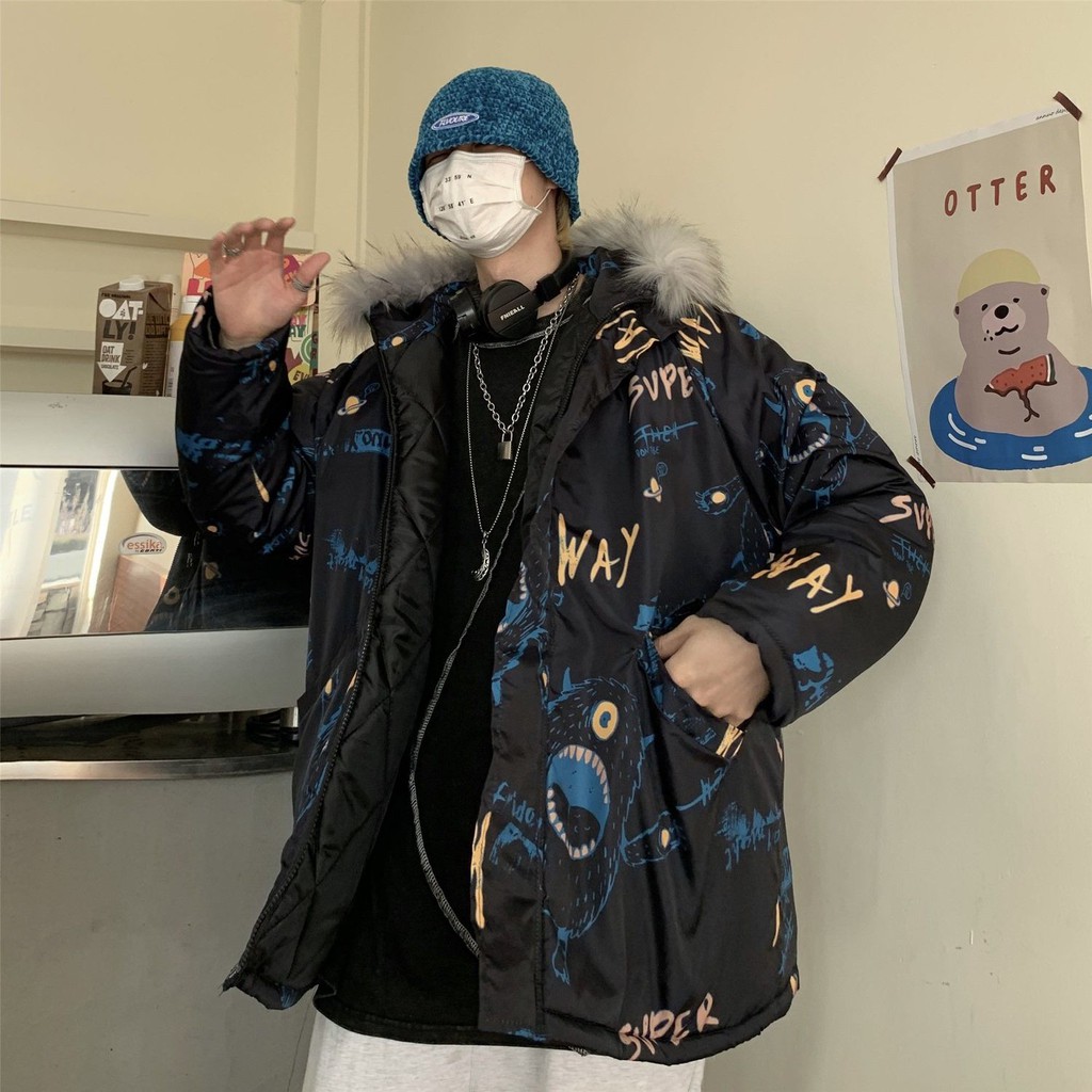 rockmagic couple wear winter clothes brand graffiti loose large size cotton-padded jacket fur collar cotton jacket winter coat men | BigBuy360 - bigbuy360.vn