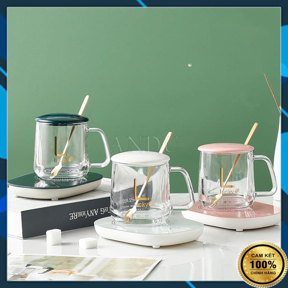 Bộ Ly Thủy Tinh Làm Nóng Trà Cafe Tự Động LUCKY, Bộ Cốc Hâm Nóng Đồ Uống Sang Chảnh Tặng Thìa Mạ Vàng Cao Cấp