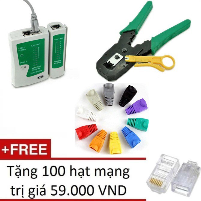 Combo bộ 4 món : Kìm bấm mạng + hộp test mạng + đầu bấm dây mạng (100 hạt) +100 đầu chụp mạng