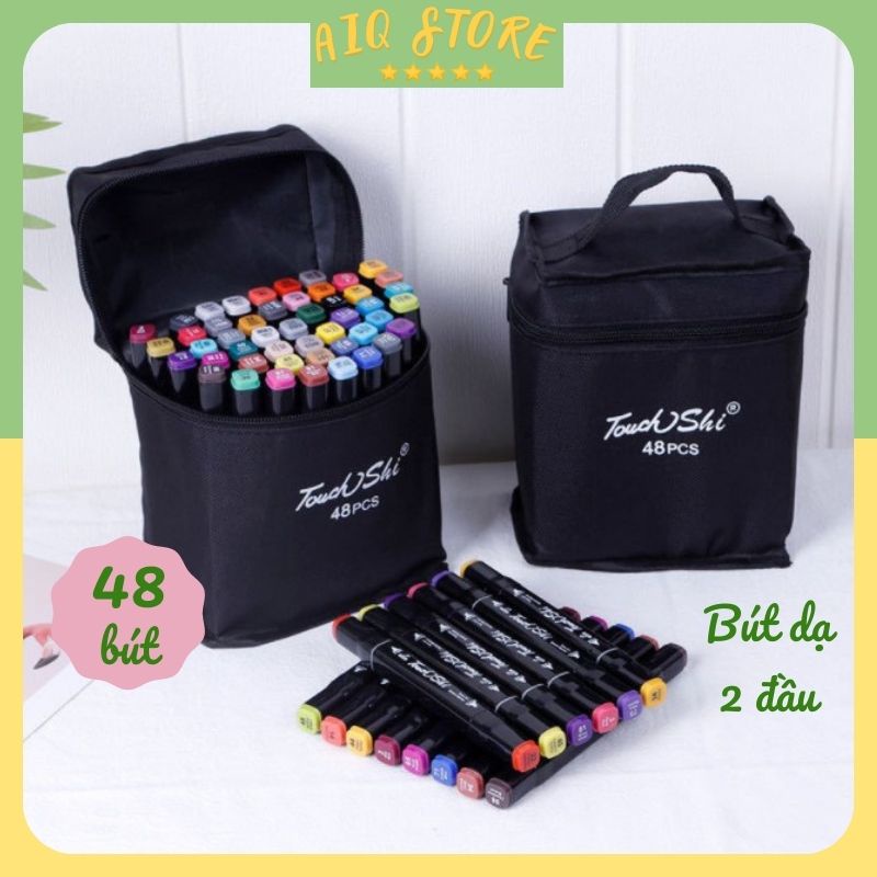 Bút Marker AIQ Store chất lượng cao, Bút dạ quang màu pastel có 2 đầu 1mm và 6mm kèm túi xách tiện lợi