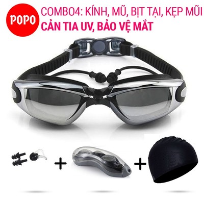 Kính bơi người lớn POPO 1940 kèm mũ bơi và bịt tai kẹp mũi cho nam nữ, cho bé trẻ em