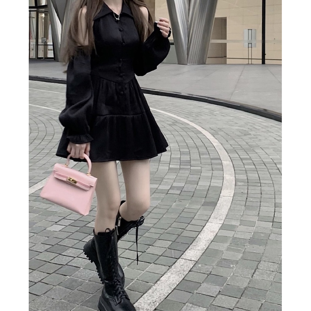 Váy lụa mềm hở vai cúc dọc V621 SUSTORE