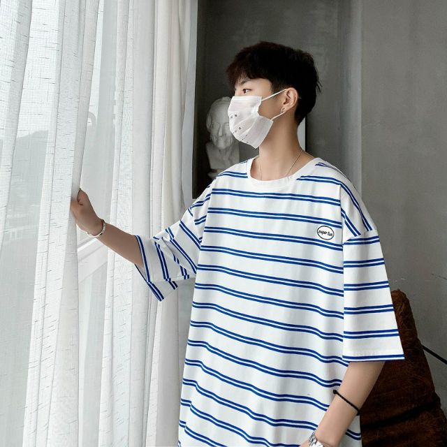 ÁO THUN TAY LỠ UNISEX NAM NỮ KẺ NGANG LOGO NGỰC