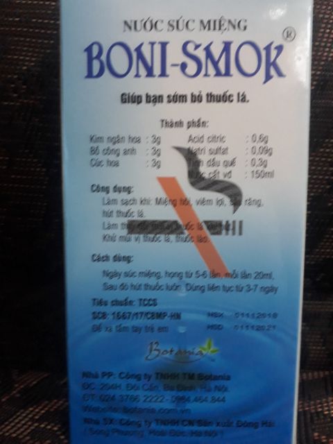 Nước súc miệng cai thuốc lá BONI- SMOK 150ml