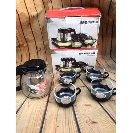 Bình trà thủy tinh 700ml cao cấp kèm 4 cốc và lọc inox chống han gỉ