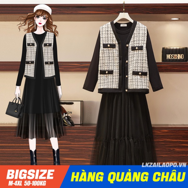 BIGSIZE(50-100KG) Set Bộ đồ nữ - Áo gile form rộng Kết Hợp đen Cổ Tròn voan tay dài mùa thu Pháp - cho người mập béo