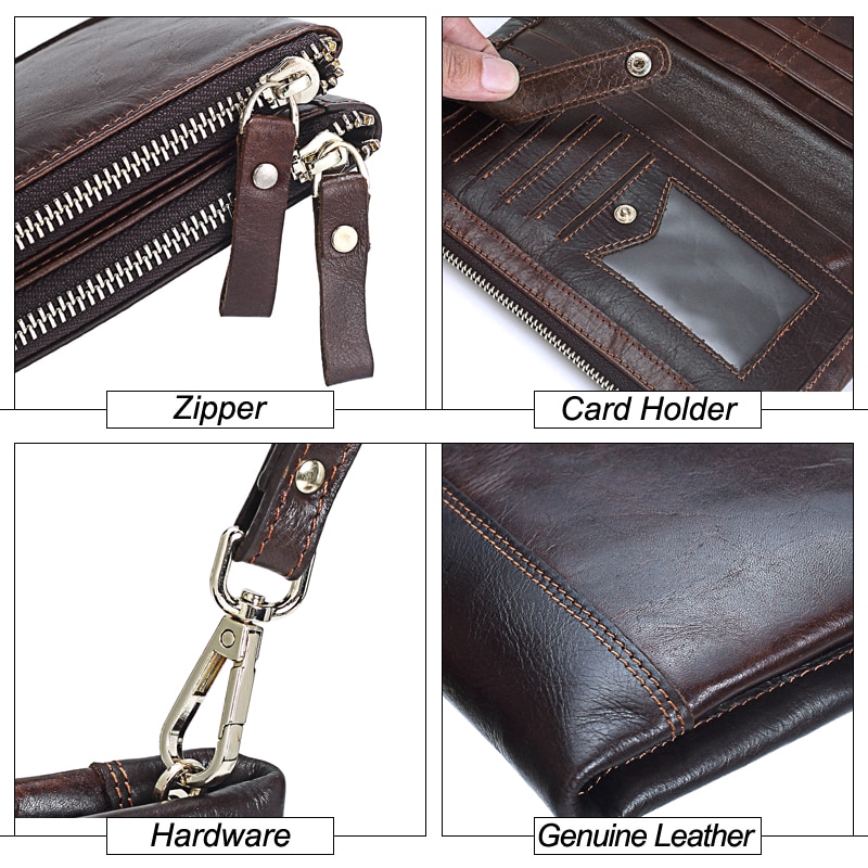 Organizer Genuine Leather Double Zipper Clutch Bag Man Cow Leather Long Purse