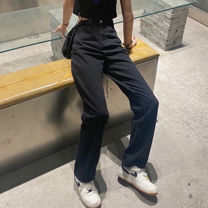 Quần baggy jeans đen, ống rộng lưng cao tôn dáng