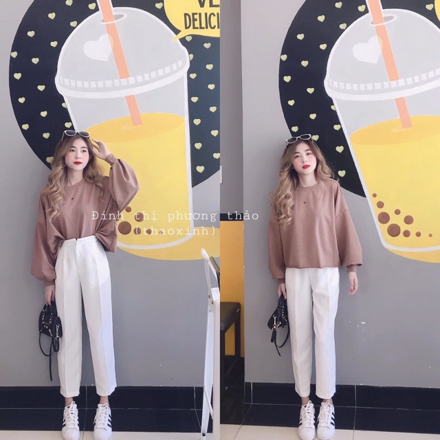 áo croptop trơn form rộng tay dài