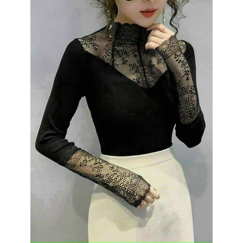 ÁO GIỮ NHIỆT LÓT LÔNG CỔ VÀ TAY REN MÀU ĐEN