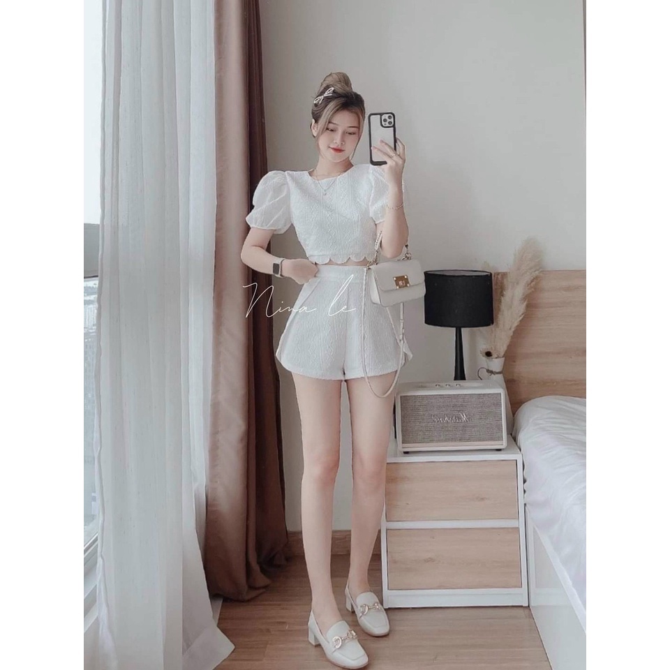 Sét bộ đùi tay ngắn cột dây lưng lai gợn sóng cắt laze 3 màu y hình thời trang nữ năng động trẻ trung