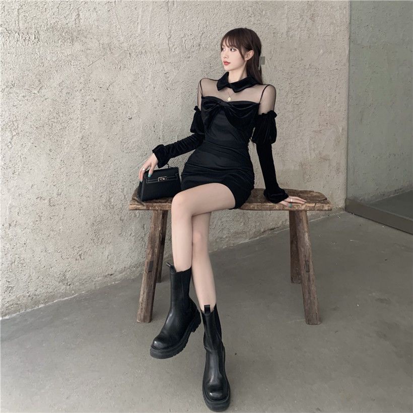Đầm Nhung Đen Tay Dài Cổ Vuông Dáng Ôm Thời Trang Quyến Rũ Cho Nữ