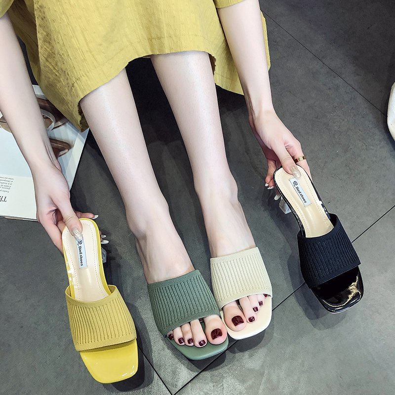 Dép Sandal Hở Ngón Gót Dày Quai Dệt Kim Hở Ngón Thời Trang Mùa Hè Cho Nữ