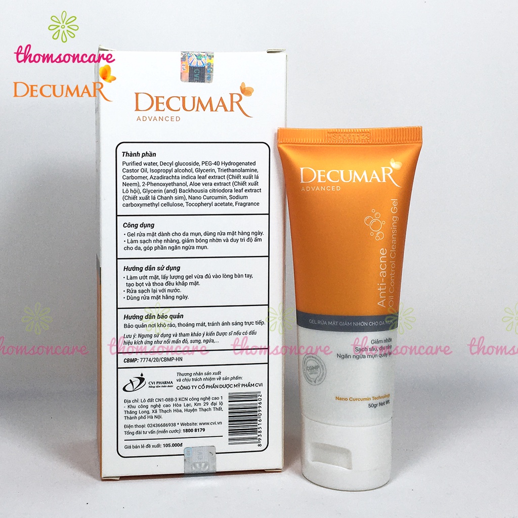 Decumar Sữa rửa mặt ngừa mụn 50ml 100ml cho mụn trứng cá, đầu đen trên mũi từ tinh chất nghệ nano curcumin