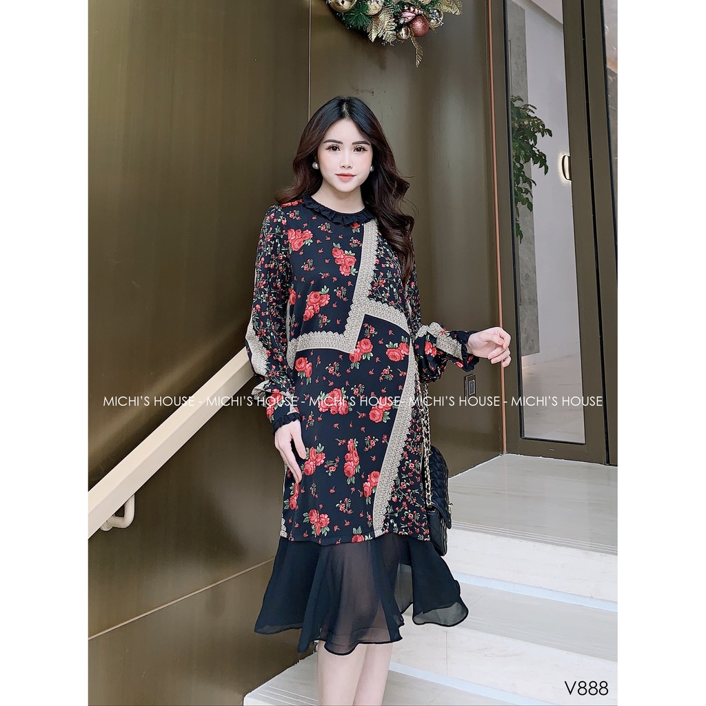 [Best-seller] 🔥 Váy hoa thiết kế, dáng đuôi cá, cổ bèo phối voan, đầm dáng suông rộng, mã V888 - Michi's House | BigBuy360 - bigbuy360.vn