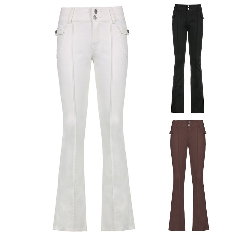 Brroa Quần Ống Loe Kẻ Sọc Màu Trơn Lưng Thấp Phối Hai Hàng Nút Có Túi Bên Hông Và Khóa Kéo Phong Cách Harajuku Gợi Cảm Cho Nữ