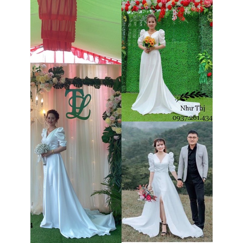 (free chỉnh sửa váy) dạ hội cưới phi trắng tay phồng xẻ tà, dạ hội cưới đuôi dài, váy trắng chụp ảnh cưới