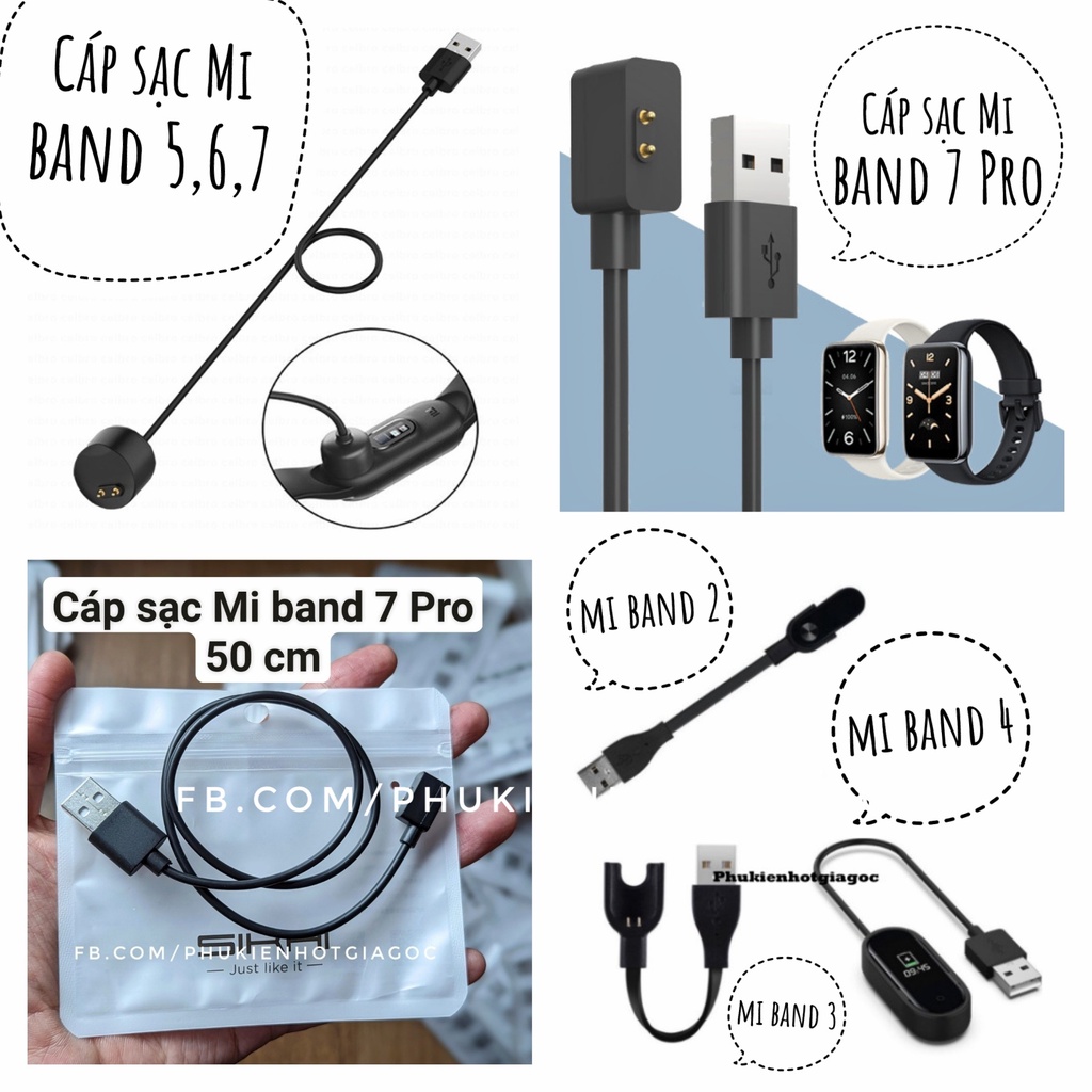 (Sẵn) Dây sạc Mi band 7 Pro / 7, 5 , 6 / Cáp sạc Miband 4 không cần tháo dây dạng kẹp + Cáp sạc thường Mi band 2 / 3 / 4
