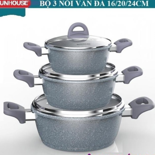 BỘ NỒI VÂN ĐÁ ĐÁY TỪ QUÁI SIILICON CÁCH NHIỆT sunhouse 16/20/24cm