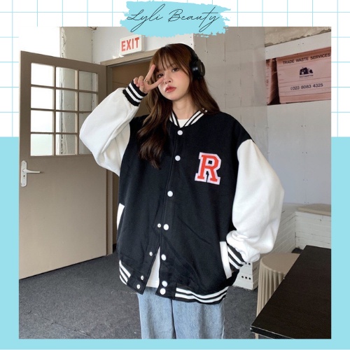 Áo bomber phối tay trắng in chữ R chuẩn unisex Lylibeauty áo chất nỉ lót lông bên trong