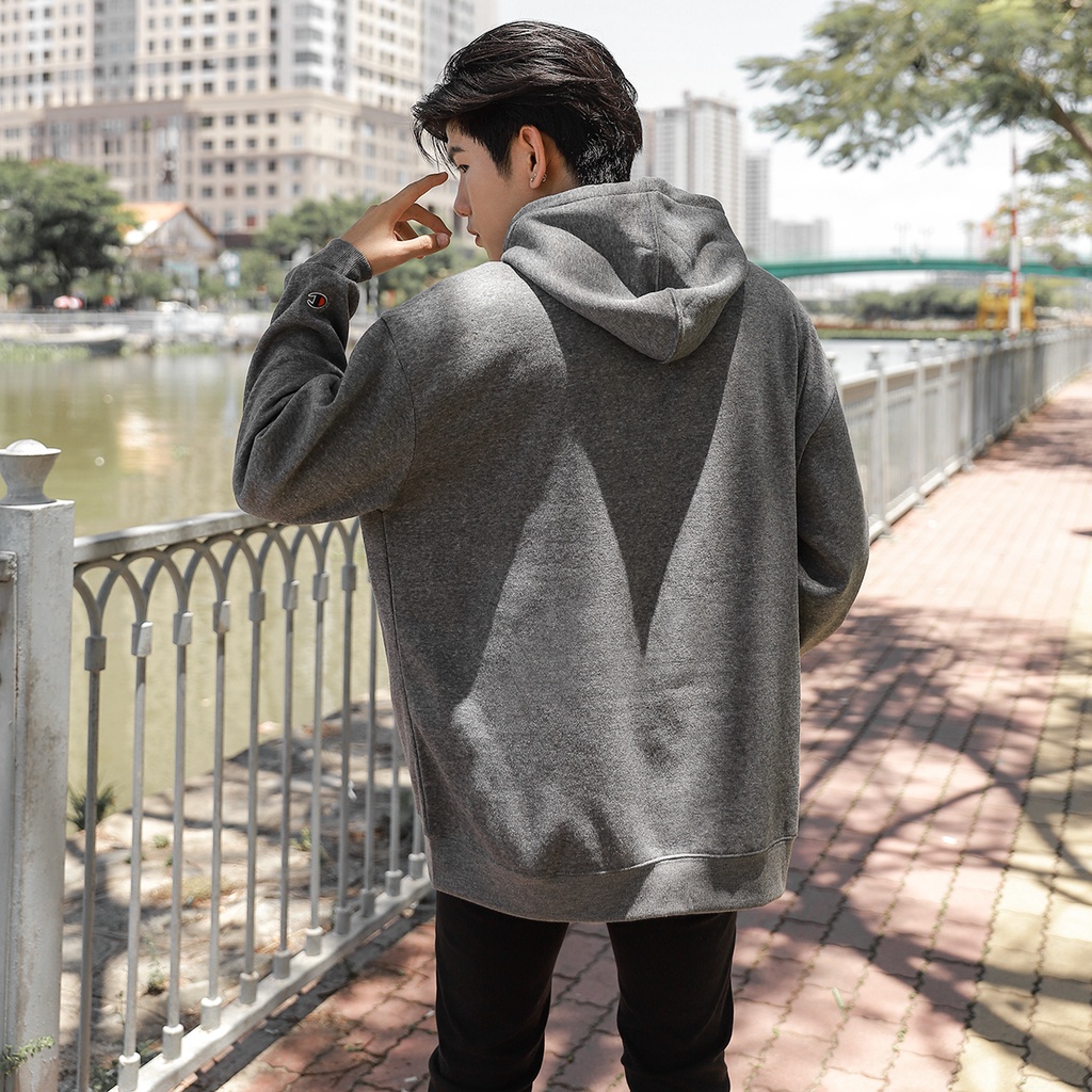 Áo Hoodie Thêu Logo Champion Sắc Nét Phía Trước-Chất Vải Nỉ Bông Cotton-Form Rộng Rãi Unisex Nam Nữ-Màu Xám Đậm