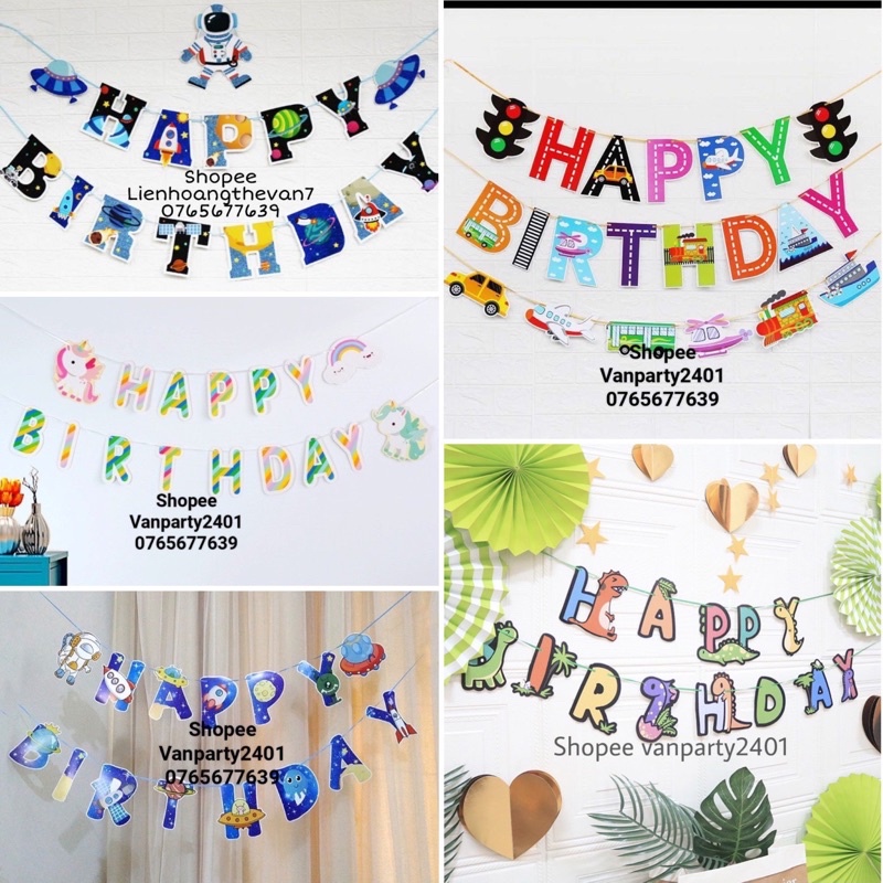 Dây chữ trang trí happy birthday mẫu phi hành gia, giao thông ,ngựa Unicorn