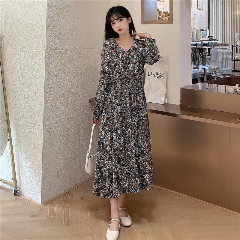 IELGY  Đầm Cổ Chữ v Eo Cao Dáng Ôm In Họa Tiết Hoa Đơn Giản Thời Trang Cho Nữ