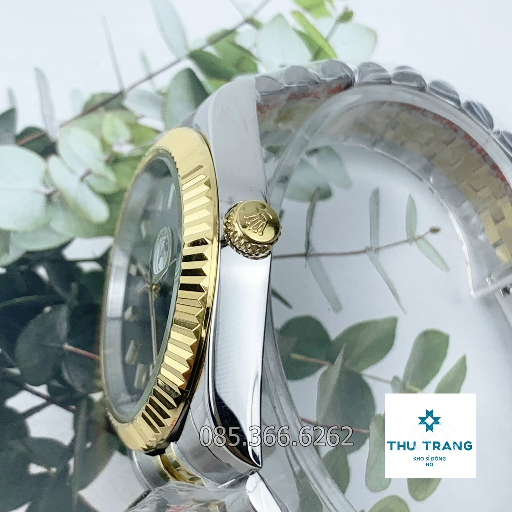 Đồng hồ nam Rolex cơ Automatic máy Nhật mẫu đen viền vàng dây demi cọc số DẠ QUANG- ĐÍNH ĐÁ size 39-40mm