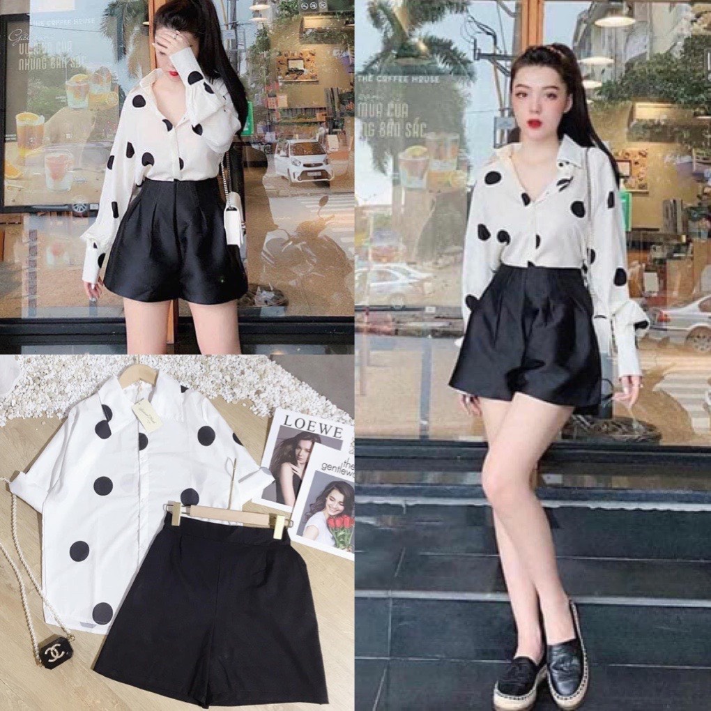 Set áo lụa cổ V chấm bi quần short đen- sơ mi dài tay chấm bi to quần đùi nữ ống rộng phong cách ulzzang hàn quốc