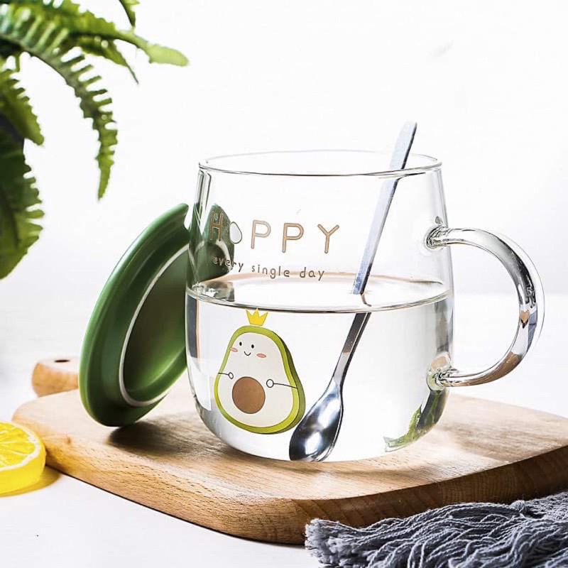 Ly cốc sứ thủy tinh có nắp Hình Cây Xanh Chất Lượng Cao Đáng Yêu 400ml (có nắp kèm Thìa)