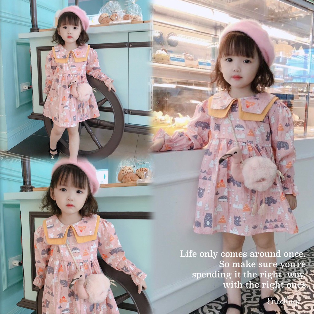 Váy baby doll cổ bích dài tay in hình cute cho bé | WebRaoVat - webraovat.net.vn