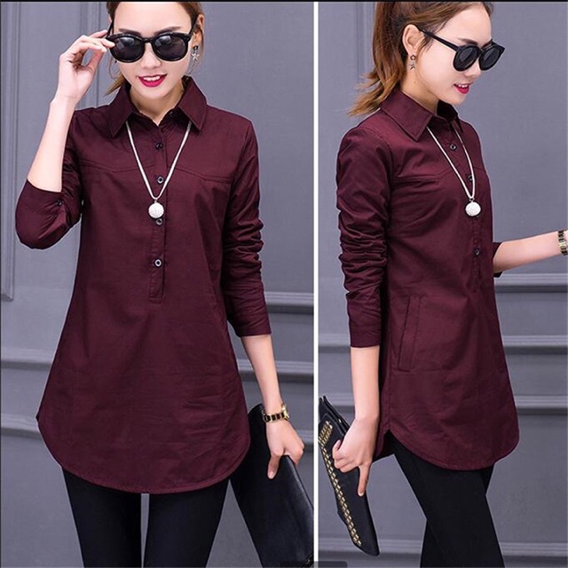 Áo sơ mi nữ form dài lai bầu phối túi size m l xl 2xl