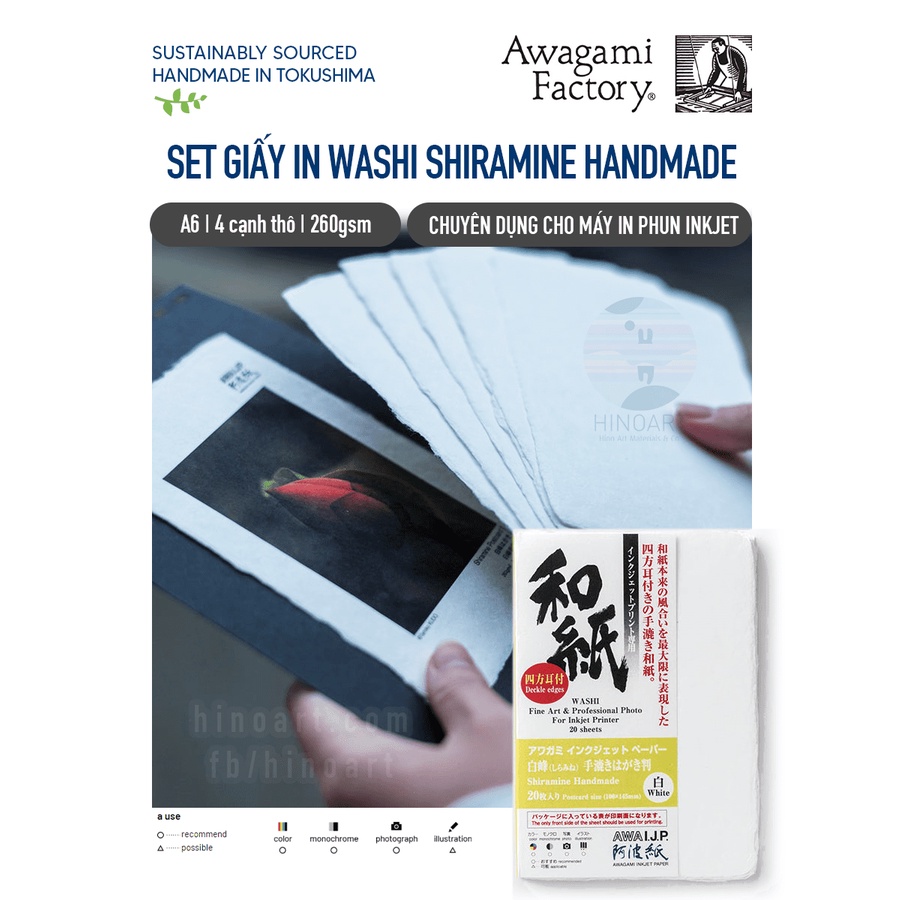 SET GIẤY WASHI CHUYÊN DỤNG CHO IN PHUN INKJET AWAGAMI AIJP INKJET - SHIRAMINE HANDMADE POSTCARDS (5 TỜ) A6 | 260GSM