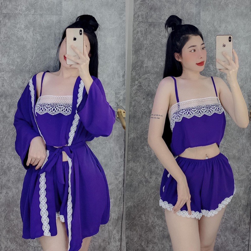 Bộ ngủ sexy combo ba món ,áo choàng ,áo ,quần sexy có phối gen sang chảnh chất lụa tơ tầm fom dưới 58 kg siêu sexy | BigBuy360 - bigbuy360.vn