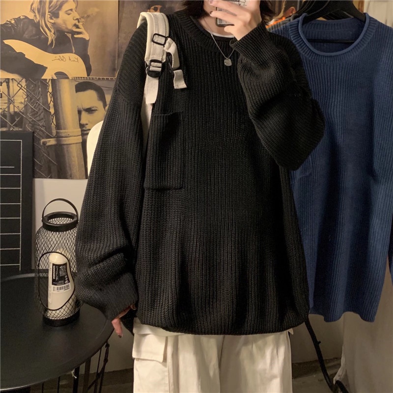 Áo Sweater Dệt Kim Tay Dài Dáng Rộng Phối Túi Màu Sắc Đơn Giản Phong Cách Nhật Bản Cho Nam Giới Có Size M-2XL