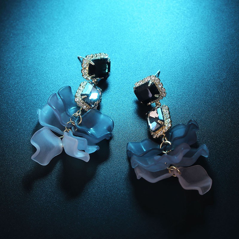 Bông Tai Mạ Bạc 925 Hình Cánh Hoa Hồng Đen Dáng Dài