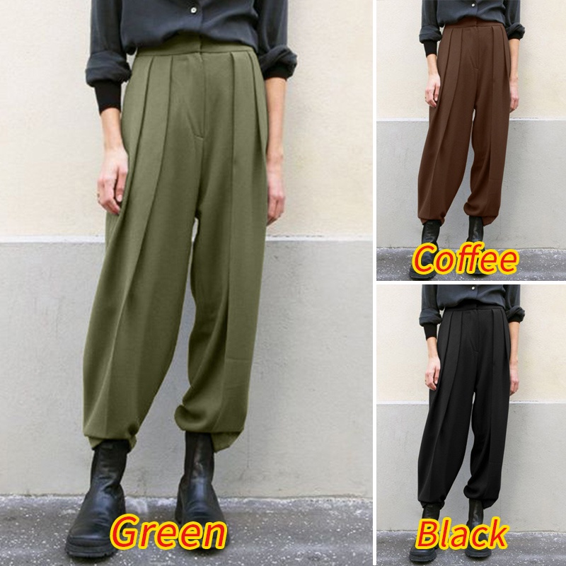 Quần dài ZANZEA lưng thun có túi màu trơn phong cách retro thời trang cho nữ