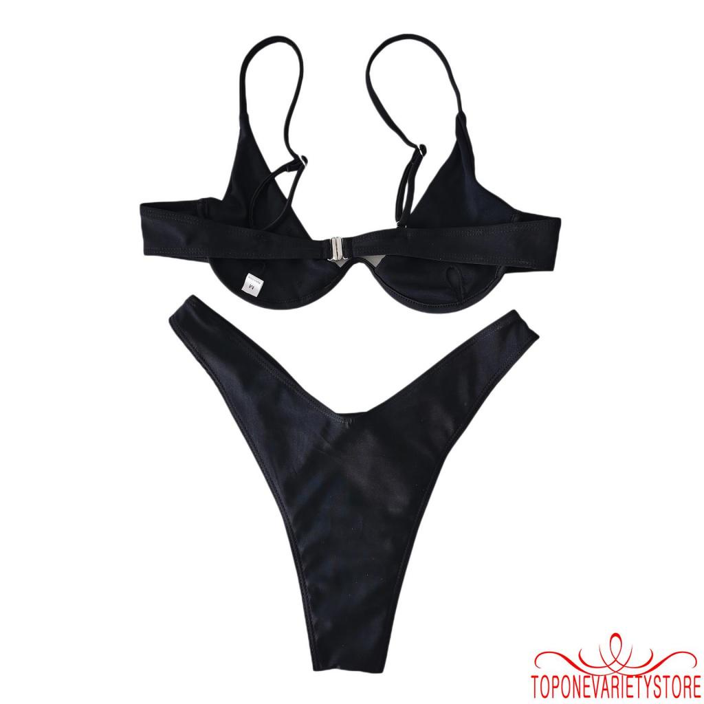 Bộ đồ bơi hai mảnh cổ chữ V khoét sâu in họa tiết đầu lâu có độn co giãn cho nữ