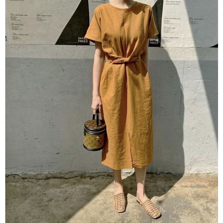 Đầm linen tưng xoắn eo