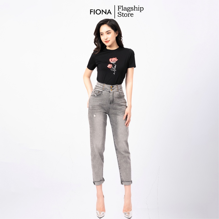 Áo thun cotton nữ FIONA cổ tròn cao cấp áo thun cộc tay nữ chất liệu cotton mềm mịn in hoa mã F521198