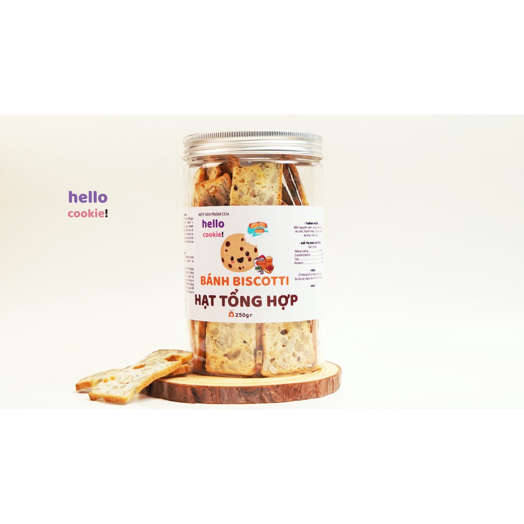 Biscotti Hạt Tổng Hợp Ăn Kiêng, Giảm Cân, Dành Cho Người Tiểu Đường 250gr - Hello Cookie Ngũ Cốc Nướng