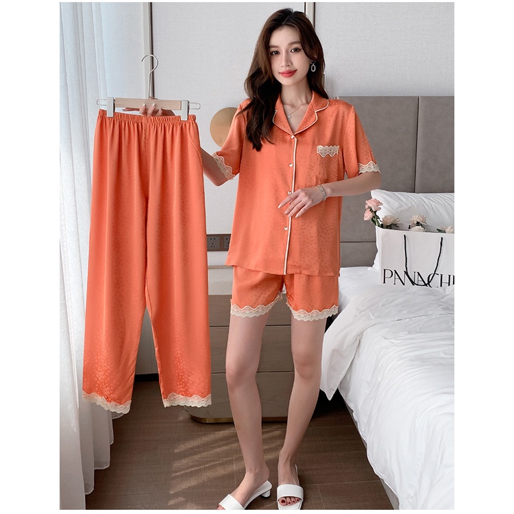 Bộ Đồ Ngủ 3 Món Tay Ngắn Chất Lụa Phối Ren Thời Trang Mùa Hè Quyến Rũ Cho Nữ