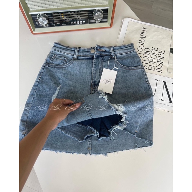 Chân váy jean rách tua rua - MS105
