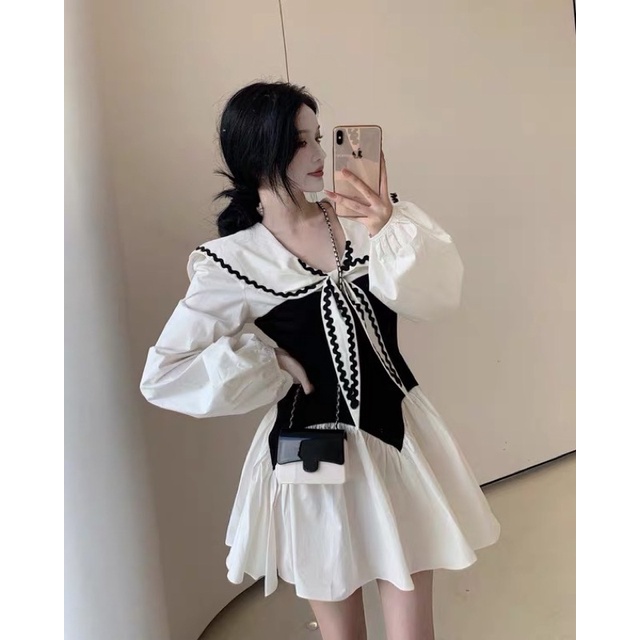 Đầm Ngắn Tay Dài Cổ Thủy Thủ Thời Trang Mùa Thu Phong Cách Hong Kong Mới Cho Nữ