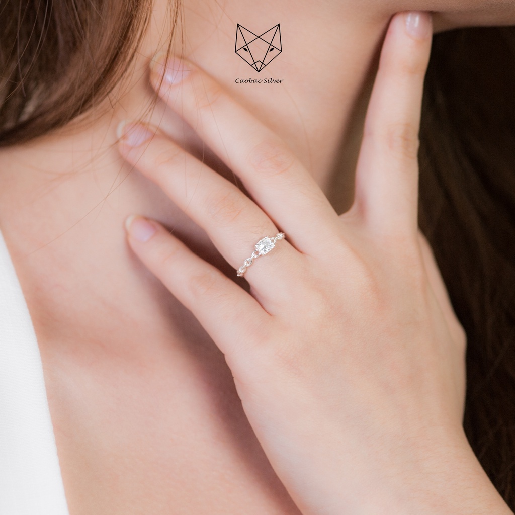 Nhẫn Bạc Ta CaoBac Silver Cá Tính Đơn Giản Dây Xích Ổ Đá Vuông Mini Cá Tính Cho Nữ Unisex Có Thể Làm Nhẫn Ngón Út