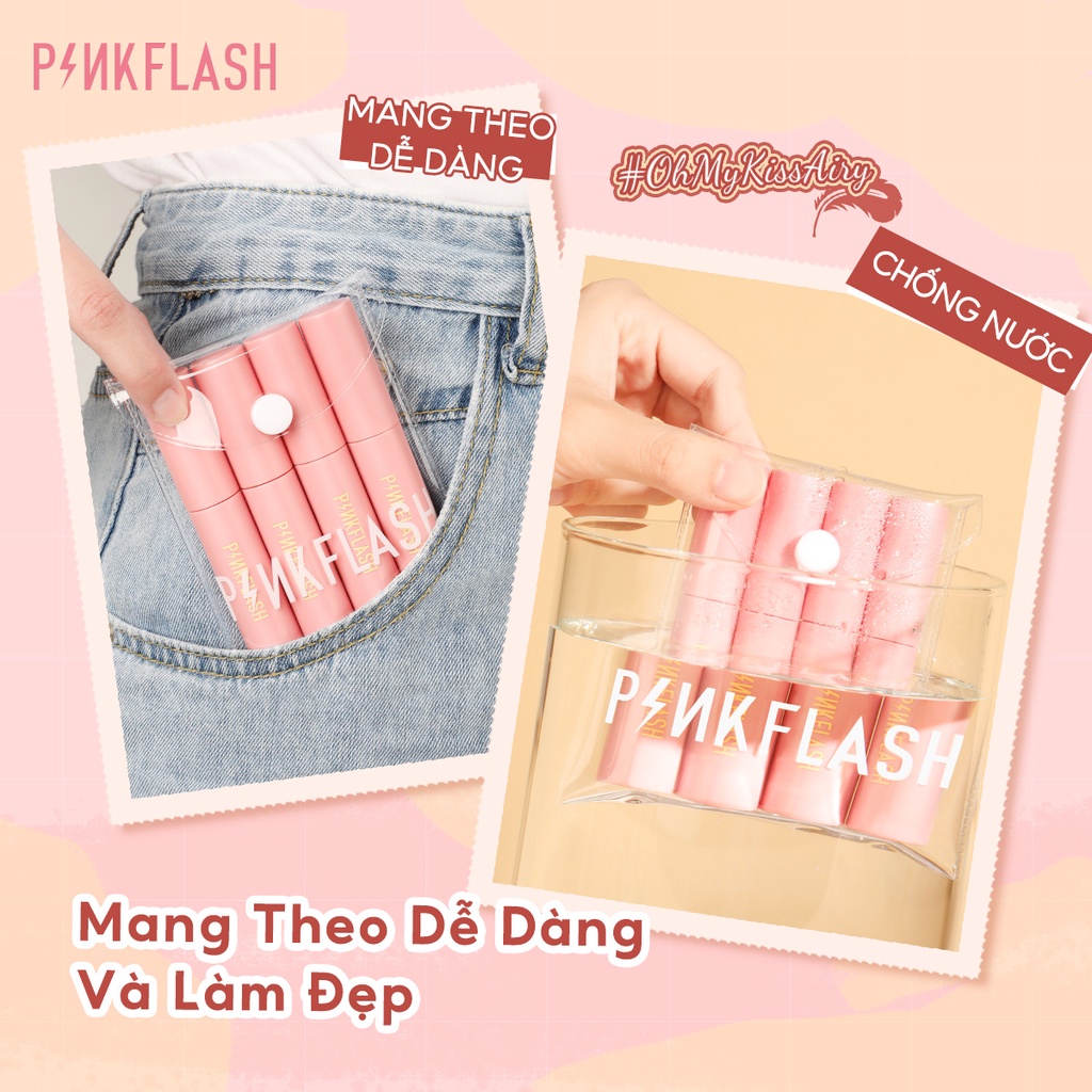 Bộ 4 son môi mờ PINKFLASH dạng lỏng chống thấm nước với hiệu ứng kép nhẹ cho môi và má