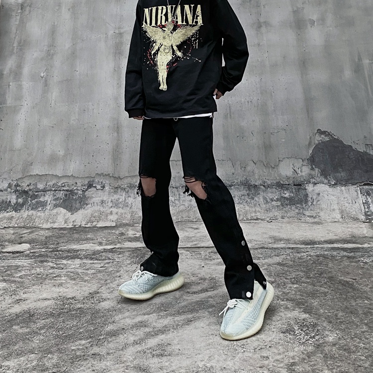 Quần jean dài dáng ôm xẻ tà phối rách phong cách retro đường phố cá tính dành cho nam